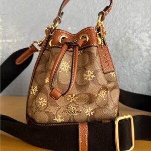 Coach Mini Dempsey Bucket Bag In Signature Canvas With Snowflake Print